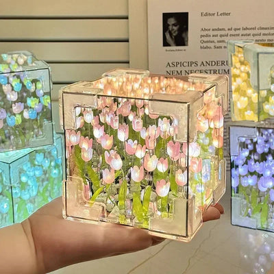 DIY Tulip Night Light Luminous Ornament Mirrors Simulation Flower Light INS Decor LED Table Lights Desktop Mirror Light Gifts