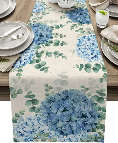 Blue Hydrangea Eucalyptus Plants Linen Table Runners Party Decor Farmhouse Kitchen Dining Table Runners Wedding Decorations