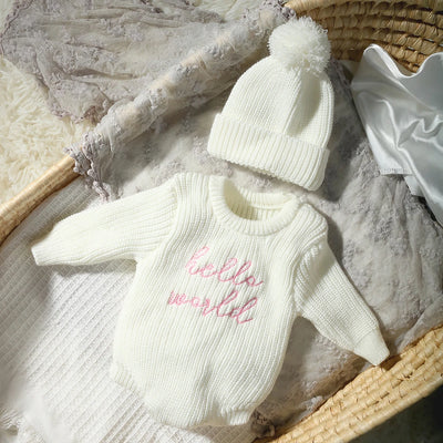 Ylsteed Hello World Knitting Newborn Photography Romper with Matching Pomp Hat Baby Boy Girl Sweater Outfits for Photo Shooting