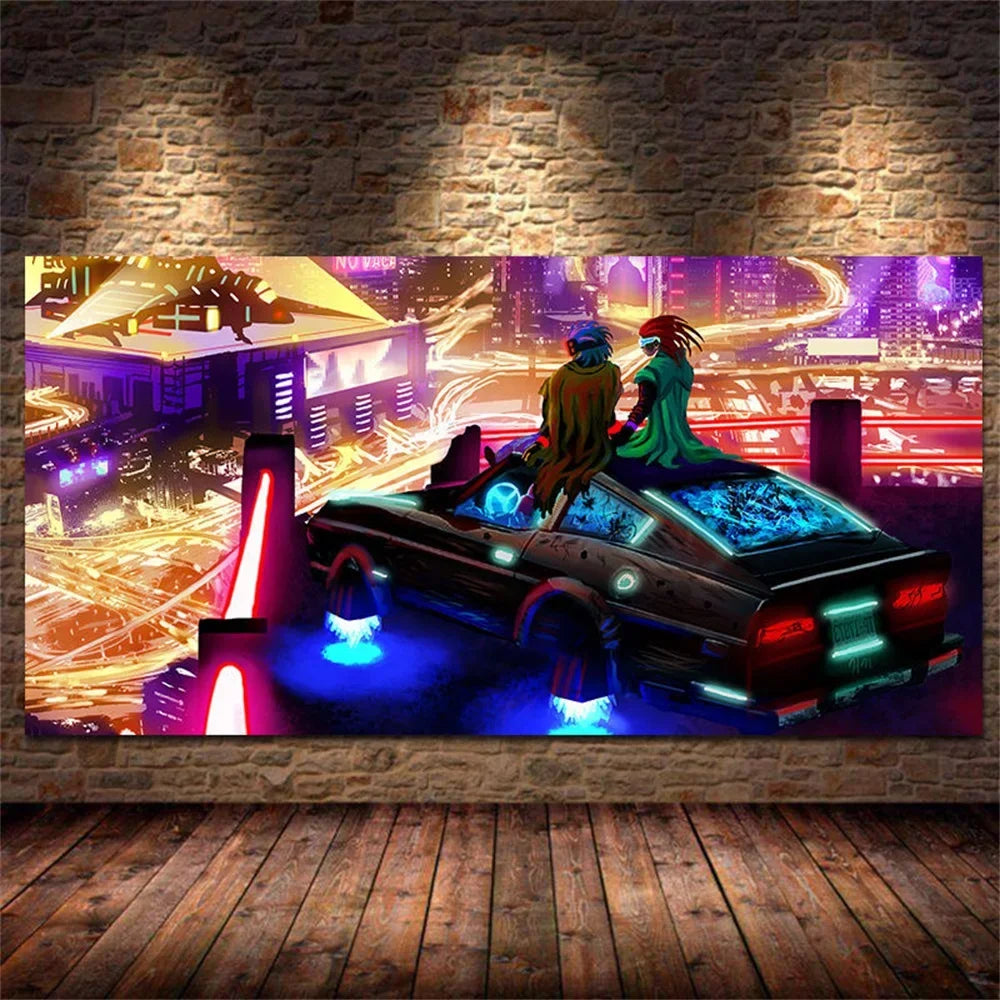 Steam City & Sports Car Canvas Wall Art - Futuristic Game-Inspired Posters for Bedroom and Gamer Room Decor