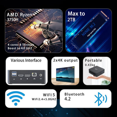 GenMachine New Mini PC AMD 3750H CPU Windows 11 Ryzen DDR4 USB WIFI 5 1000M AMD NUC Gaming Diy Gaming Computer Ordenador
