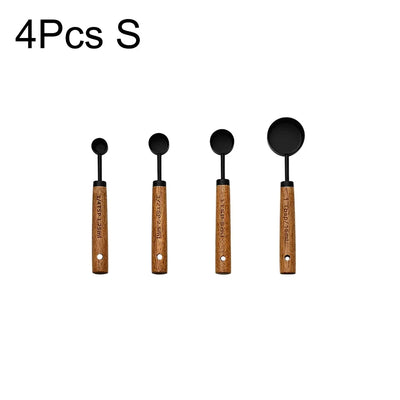 4/8Pcs Black Wooden Handle Stainless Steel Measuring Cups Spoons Baking Tools Coffee Bartending Scale Kitchen Accessories Set