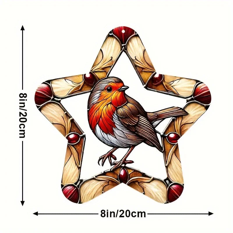 Vibrant Robin Bird Garden Light Catcher 8 inches Colored glass style window hanging decoration with hemp thread loop