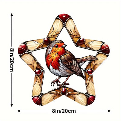 Vibrant Robin Bird Garden Light Catcher 8 inches Colored glass style window hanging decoration with hemp thread loop