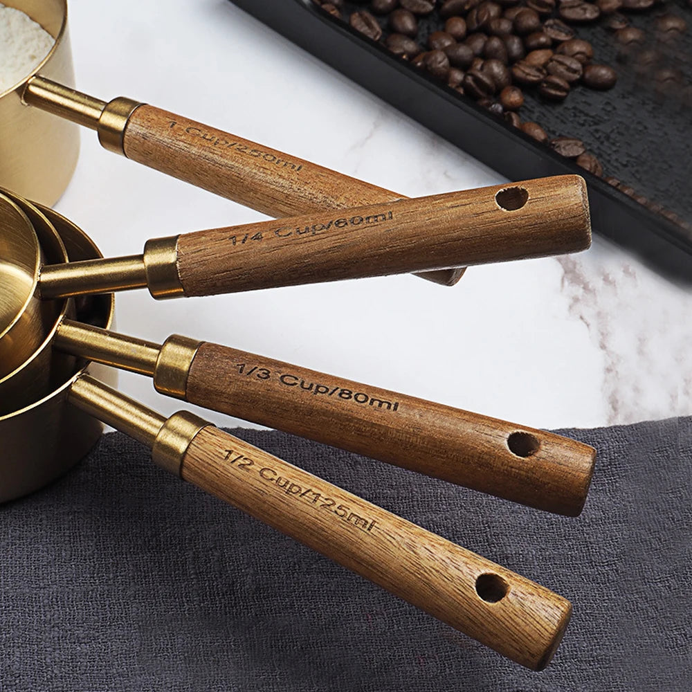 Stainless Steel Kitchen Accessories Kitchen Gadget 8Pcs Wooden Handle Measuring Cups Measuring Spoon Set Coffee Bartending Scale