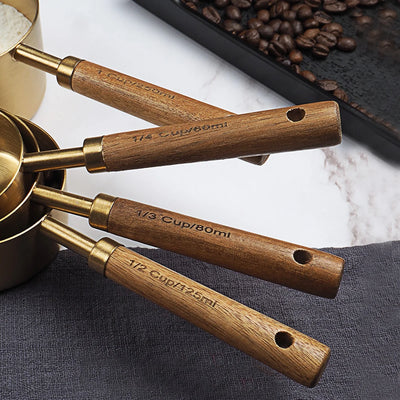 Stainless Steel Kitchen Accessories Kitchen Gadget 8Pcs Wooden Handle Measuring Cups Measuring Spoon Set Coffee Bartending Scale