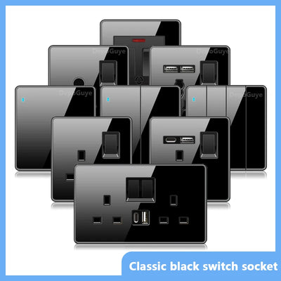 Black UK 18W Type-C Quick charge Socket Universal Double 3pin USB Power Outlet,220V Electrical Wall LED Light 2way Switch TV TEL
