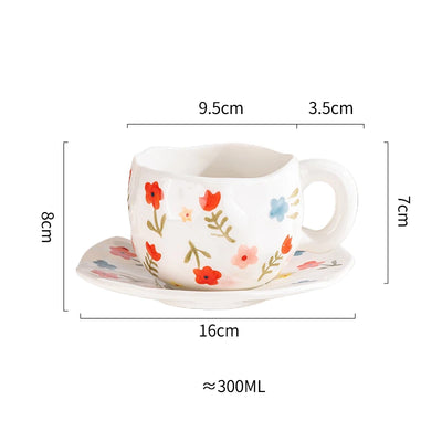 Creative Ceramic mug Hand-painted Flower Clouds Coffee Cup with Saucer Irregular Handmade Cup Breakfast Milk Tea Cups Gift Set