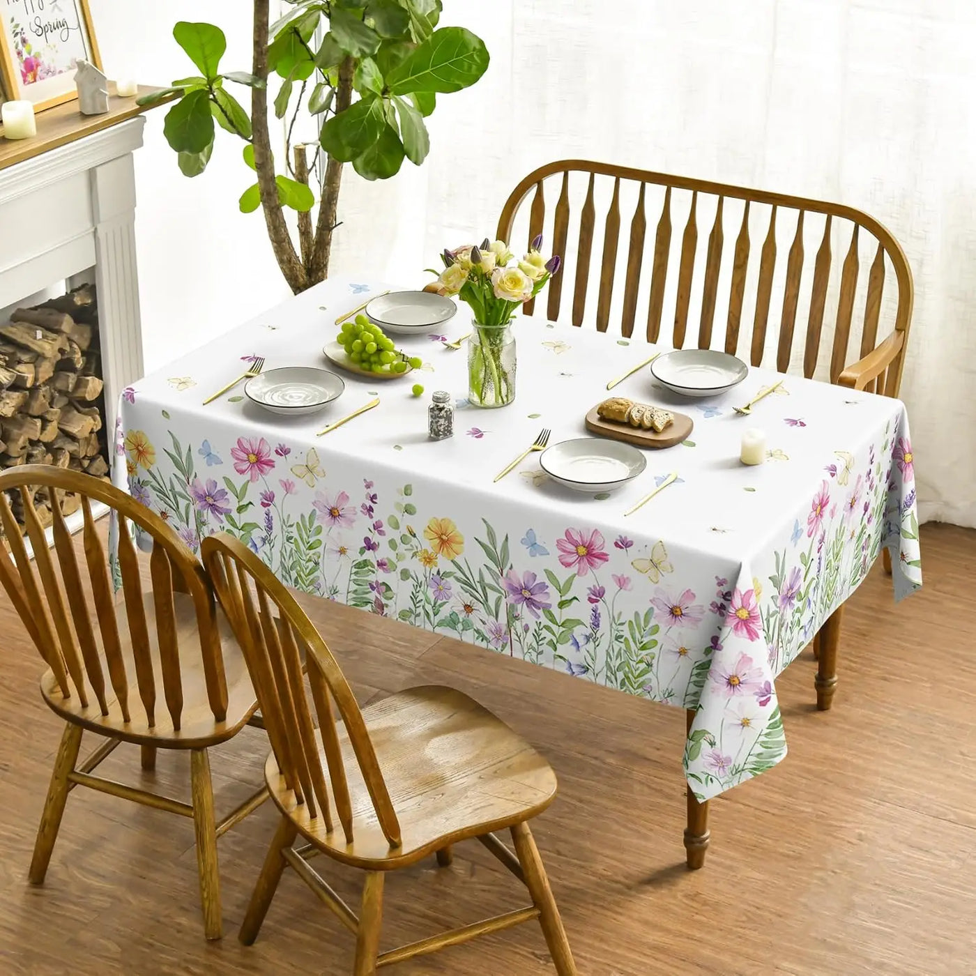 Spring Wildflowers Florals Butterfly Waterproof Tablecloth Wedding Party Dcor Washable Rectangle Table Cover Picnic Table Decor