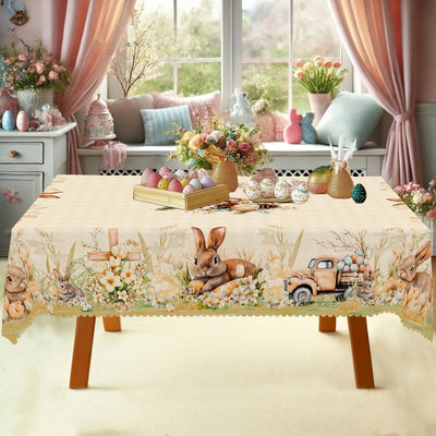 Happy Easter-Themed Waterproof Tablecloth Easter Decorations Spring Bunny Eggs Flowers Farm Truck Table Cloth Dining Table Decor