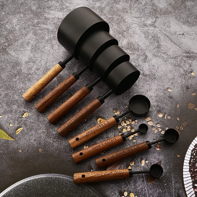 4/8Pcs Black Wooden Handle Stainless Steel Measuring Cups Spoons Baking Tools Coffee Bartending Scale Kitchen Accessories Set