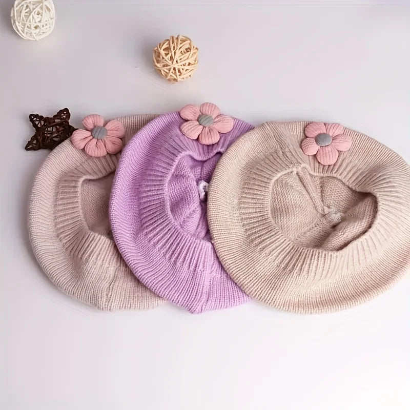 Flower Baby Beret Hat Winter Warm Knitted Beanie Cap for Infant Girls Korean Toddler Princess Artist Solid Color Painter Caps