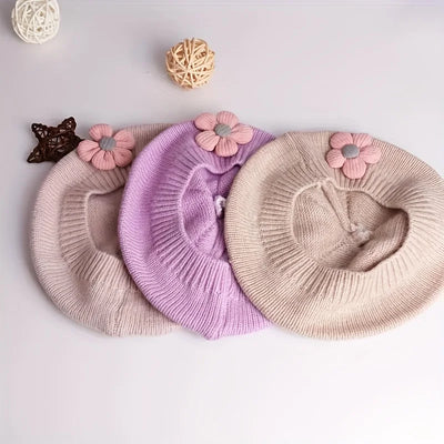 Flower Baby Beret Hat Winter Warm Knitted Beanie Cap for Infant Girls Korean Toddler Princess Artist Solid Color Painter Caps