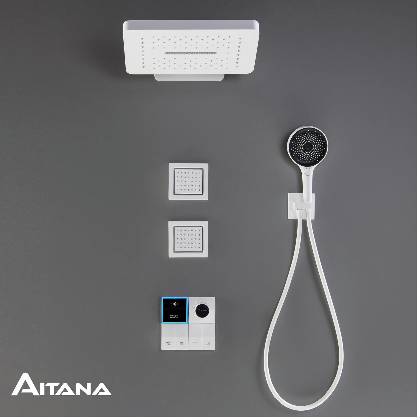 AITANA Luxury Brass White Shower System LED Light Digital Display Design with Constant Temperature Wall Mounted Bathroom Faucet