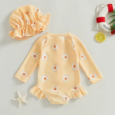 Toddler Baby Girl Swimsuit Floral Rash Guard with Hat Set Long Sleeve Zipper Bathing Suit Swimwear