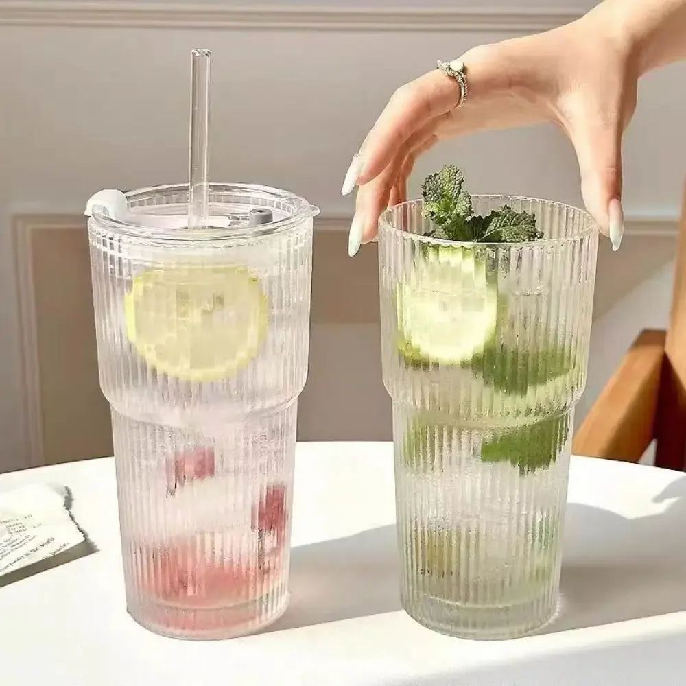 Striped Glass Coffee Cup, 600ml Glass with Straw and Lid, for Water Coffee Tea, Clear Drinkware