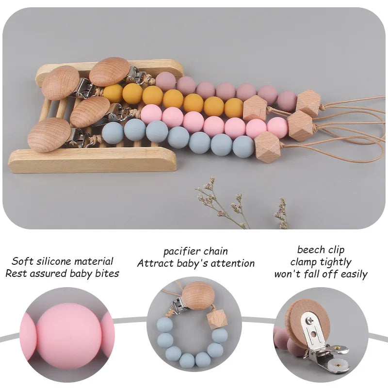New Baby Products Made of Beech Wood Pacifier Clip To Soothe Silicone Bite Grind Teeth Angle Pacifier Chain Baby Toys Bebes