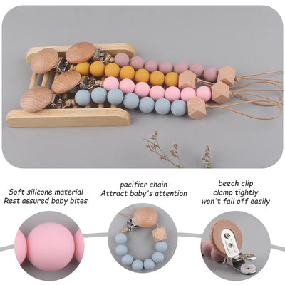 New Baby Products Made of Beech Wood Pacifier Clip To Soothe Silicone Bite Grind Teeth Angle Pacifier Chain Baby Toys Bebes