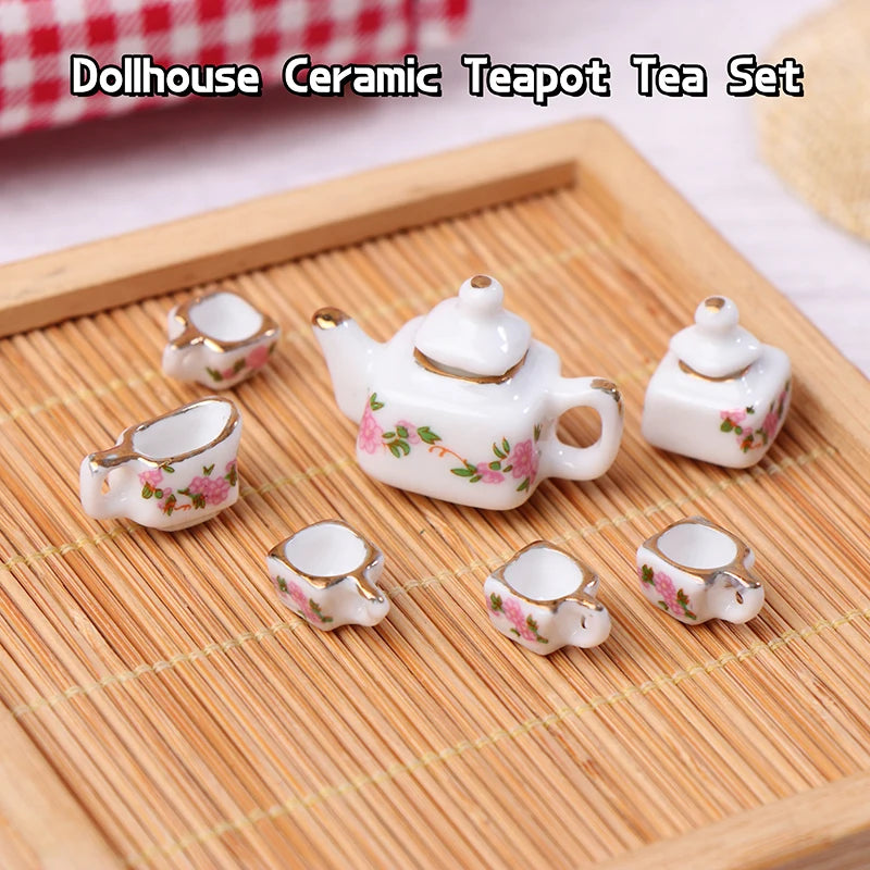 9type 1Set 1/12 Dollhouse Miniature Accessories Mini Ceramic Tea Set Simulation Kettle Plate Cup Model Toy Doll House Decoration