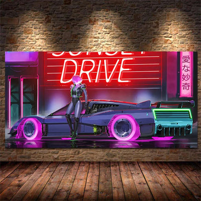 Steam City & Sports Car Canvas Wall Art - Futuristic Game-Inspired Posters for Bedroom and Gamer Room Decor