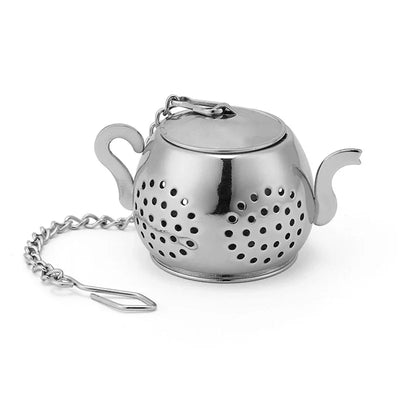 Metal Tea Strainer Teapot Shape Loose Tea Stainless Steel Infuser Leaf Tea Maker Strainer Chain Drip Tray Herbal Spice Filter