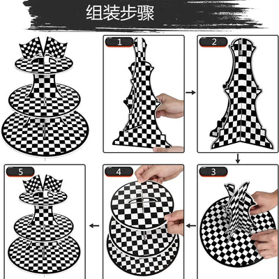 Racing Car Theme 3-Tier Round Cardboard Cupcake Stand  Cars Birthday Party Tablecloth Black and White Checkered Decor Supplies