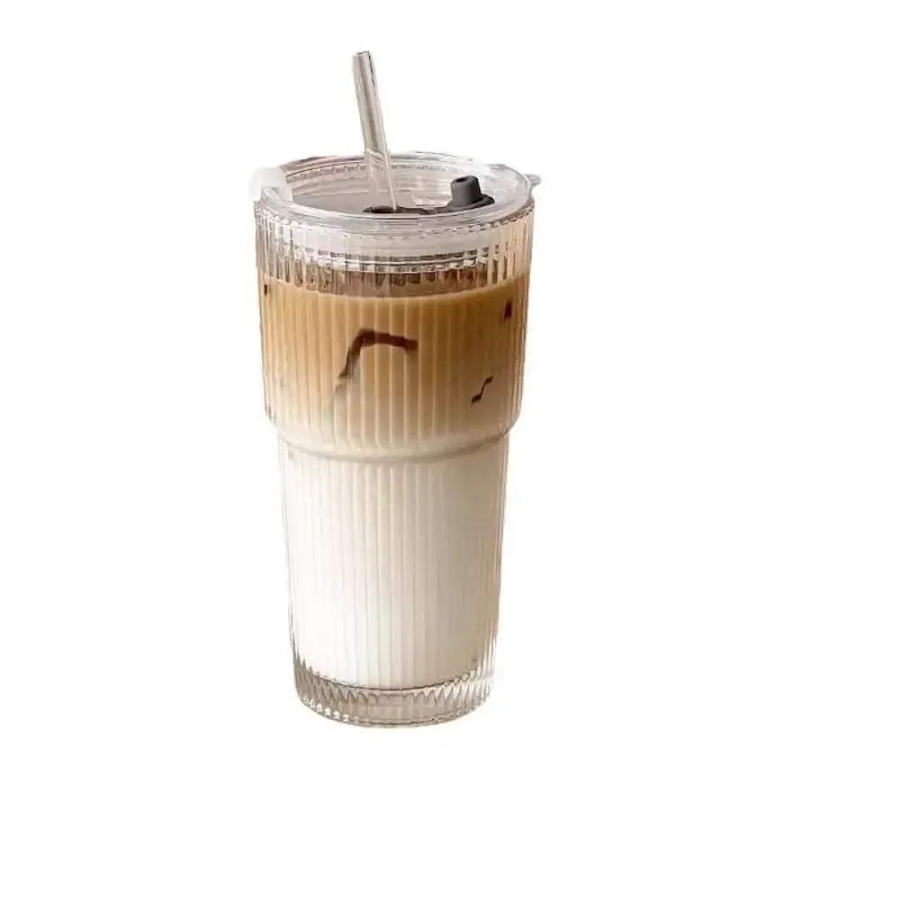 Striped Glass Coffee Cup, 600ml Glass with Straw and Lid, for Water Coffee Tea, Clear Drinkware