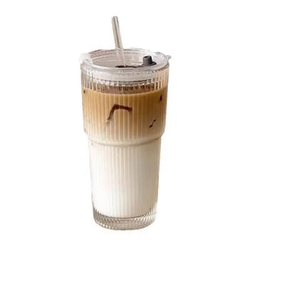 Striped Glass Coffee Cup, 600ml Glass with Straw and Lid, for Water Coffee Tea, Clear Drinkware