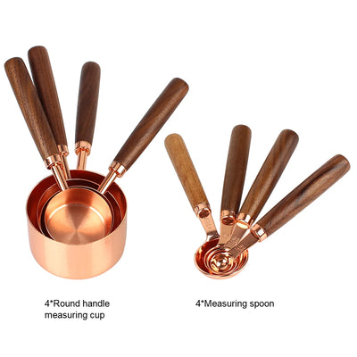 8Pcs Kitchen Gadget Measuring Spoon Set Coffee Bartending Scale Kitchen Accessories Stainless Steel Wooden Handle Measuring Cups
