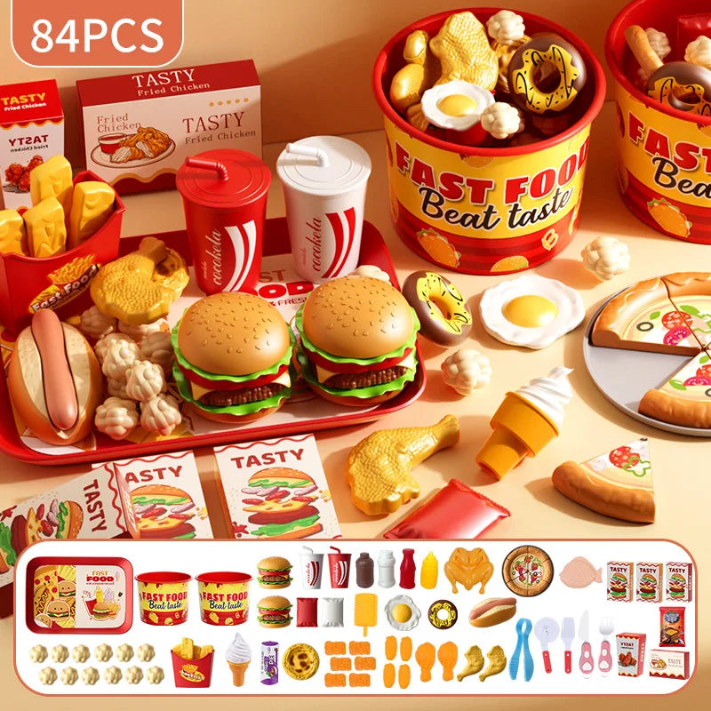 Kid Kitchen Toy Set Simulation Make Hamburger Pizza Fries Pretend Play Food Cooking Cutting Game Montessori Interactive Toy Gift