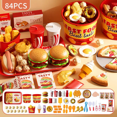 Kid Kitchen Toy Set Simulation Make Hamburger Pizza Fries Pretend Play Food Cooking Cutting Game Montessori Interactive Toy Gift