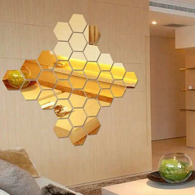 6/12PCS 4 Color Hexagon Acrylic Wall Mirror Self Adhesive Stickers Mosaic Tile Decals for Decoration DIY Art Ornaments Gift