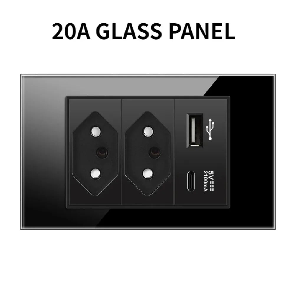 Shawader Electric Power Wall Switch Brazil US Mexico Glass Panel 118 Jack Three Position Outlet Home Office Kitchen 1/2/3/4Gang