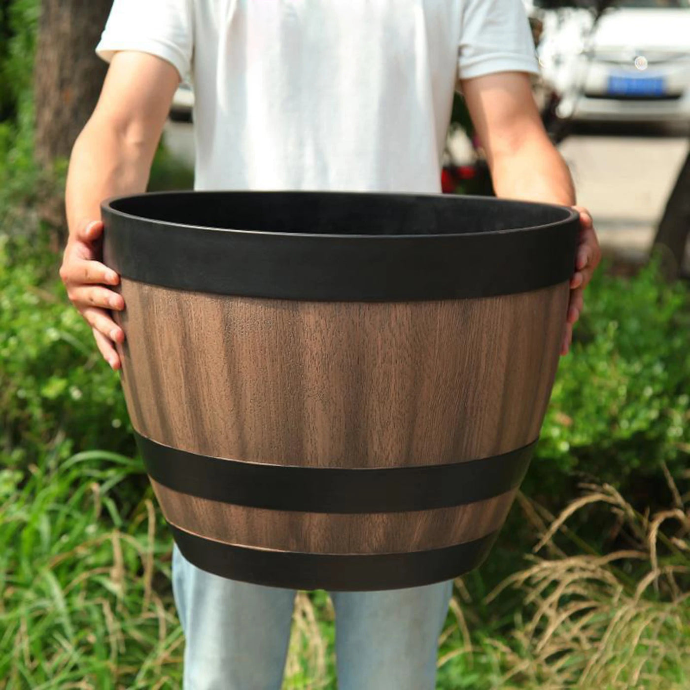 Plant Pot Faux Whiskey Barrel Shape Home Decor Plastic Indoor Outdoor Yard Patio Flowerpot Succulent Planter for Garden