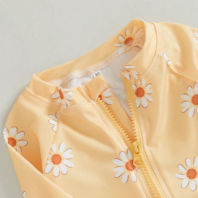 Toddler Baby Girl Swimsuit Floral Rash Guard with Hat Set Long Sleeve Zipper Bathing Suit Swimwear