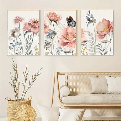 3PCS Nordic Pink Flower Wall Art Canvas Painting Prints Botanical Poster for Bedroom Farmhouse Living Room Decorative Picture
