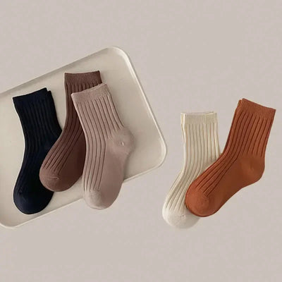 5 PAIRS/LOT SOLID COLOR STRIPED COTTON KIDS SOCKS – BREATHABLE KNITTED TODDLER CREW SOCKS FOR BOYS & GIRLS (1–8 YEARS)