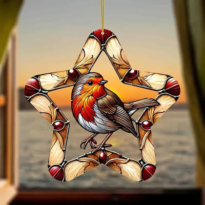 Vibrant Robin Bird Garden Light Catcher 8 inches Colored glass style window hanging decoration with hemp thread loop