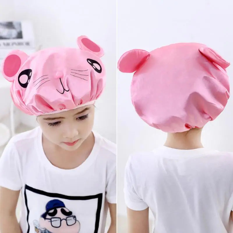 Children's Cartoon Shower Cap Double-layer Waterproof Material Cute Frog Print Satin Washing Cap Bath Cap Head Cover Shower Cap