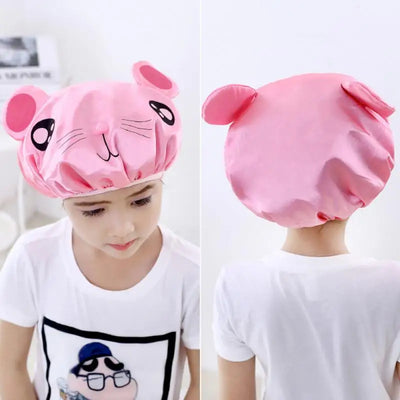 Children's Cartoon Shower Cap Double-layer Waterproof Material Cute Frog Print Satin Washing Cap Bath Cap Head Cover Shower Cap