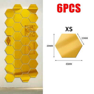24/6pcs 3D Mirror Wall Sticker Hexagon Acrylic Self Adhesive Mirror Stickers Art Wall Decals Mosaic Tiles DIY Home Bedroom Decor