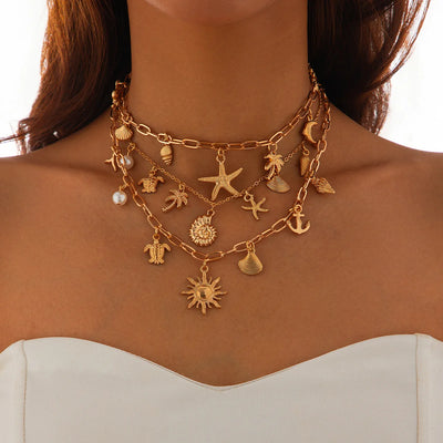 Charm Necklace for Women Shell Cross Necklaces Gold Charms Pendant Boho Summer Seashell Ocean Beach 14K Starfish Surfer