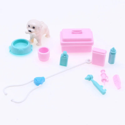 11PCS MINIATURE DOLLHOUSE PET CARE SET – DOG HOUSE, MEDICAL TOOLS & ACCESSORIES – DIY TOY GIFT FOR BARBIE & KIDS