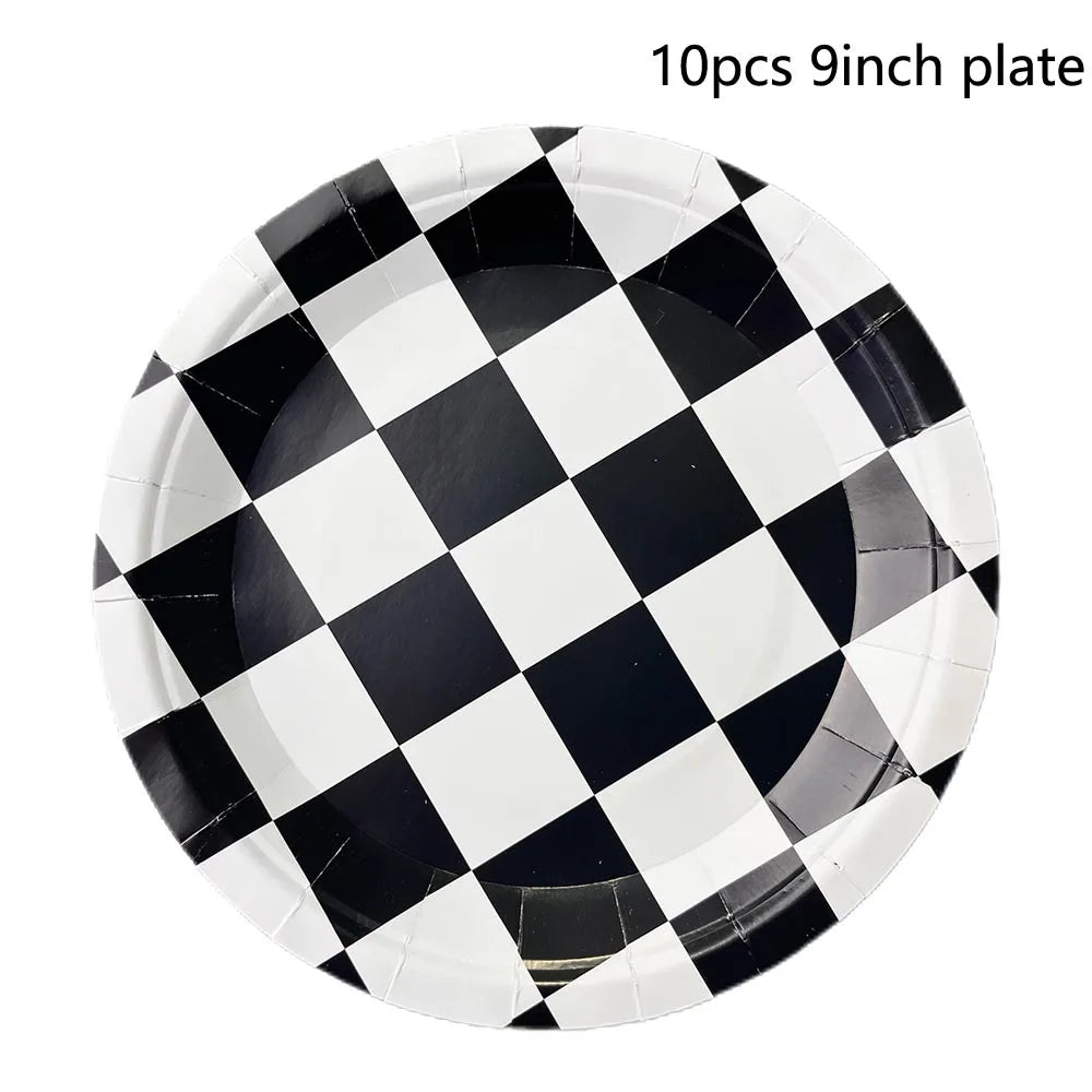 Racing Car Theme 3-Tier Round Cardboard Cupcake Stand  Cars Birthday Party Tablecloth Black and White Checkered Decor Supplies