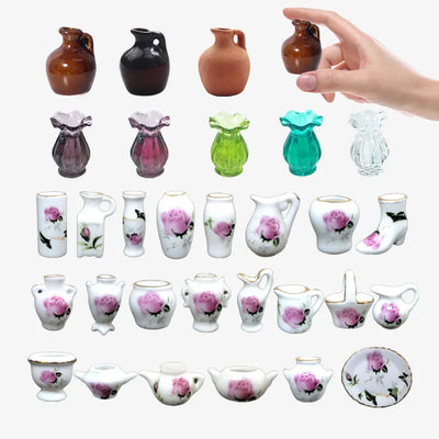 Mini Rose Ceramic Vase Handicraft Collection Miniature Model Resin Simulation Vase Desktop Mini Decor Creative Pocket Artwork
