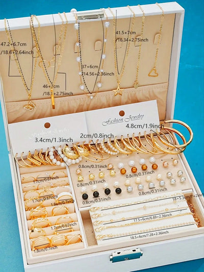 86pcs/Set Elegant Earrings Multi-Layered Necklace Ear Studs Rings 4-In-1 Faux Pearl Jewelry Set For Women Gift (No Box) New