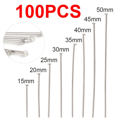 100pcs 15-50MM Stainless Steel Flat Head Eye Head Pins Jewelry Findings For Jewelry Making Supplies Ball Head Pins Accessories