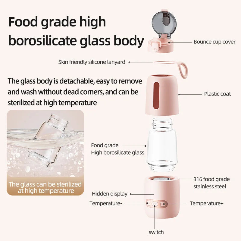 Portable Baby Milk Bottle heater Wireless 316 Food Grade Borosilicate Glass Body 15000mAh Constant 12 Hours Baby Bottle Warmer