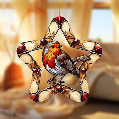 Vibrant Robin Bird Garden Light Catcher 8 inches Colored glass style window hanging decoration with hemp thread loop