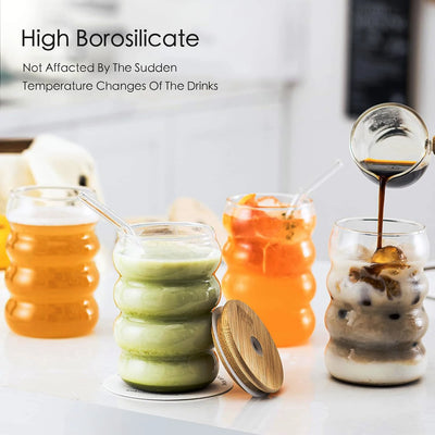 1/2/4PCS Creative Glass Cup with Lid Straw Heat-resistant Wave Cup Beer Juice Ice Coffee Cups Cocktail Fruit Glass Drinkware